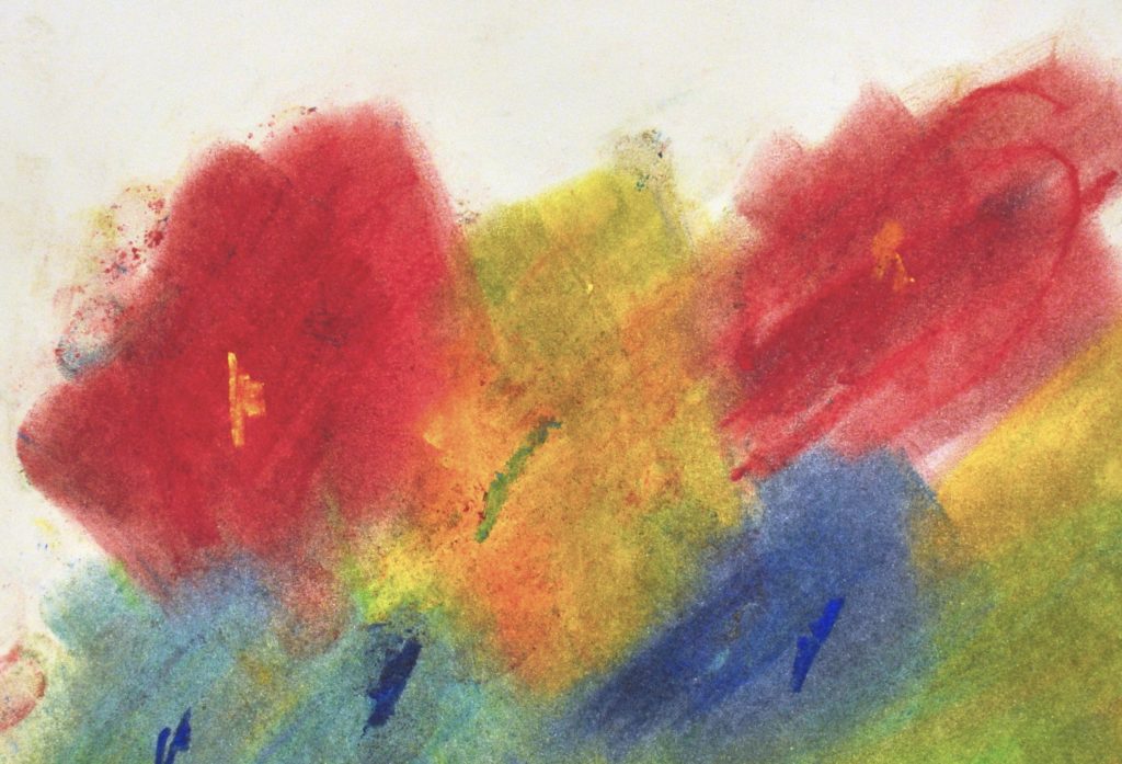 Image description: Pastel painting of red, yellow, and blue flowers