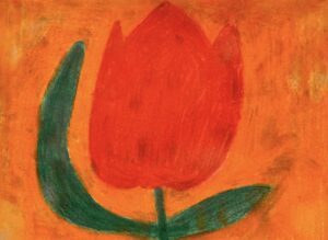 Image description: Pastel painting of a red tuplic with a green petals and orange background
