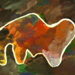 Image description: Abstract painting with a dark background and an animal-like shape surrounded by a white border in the center