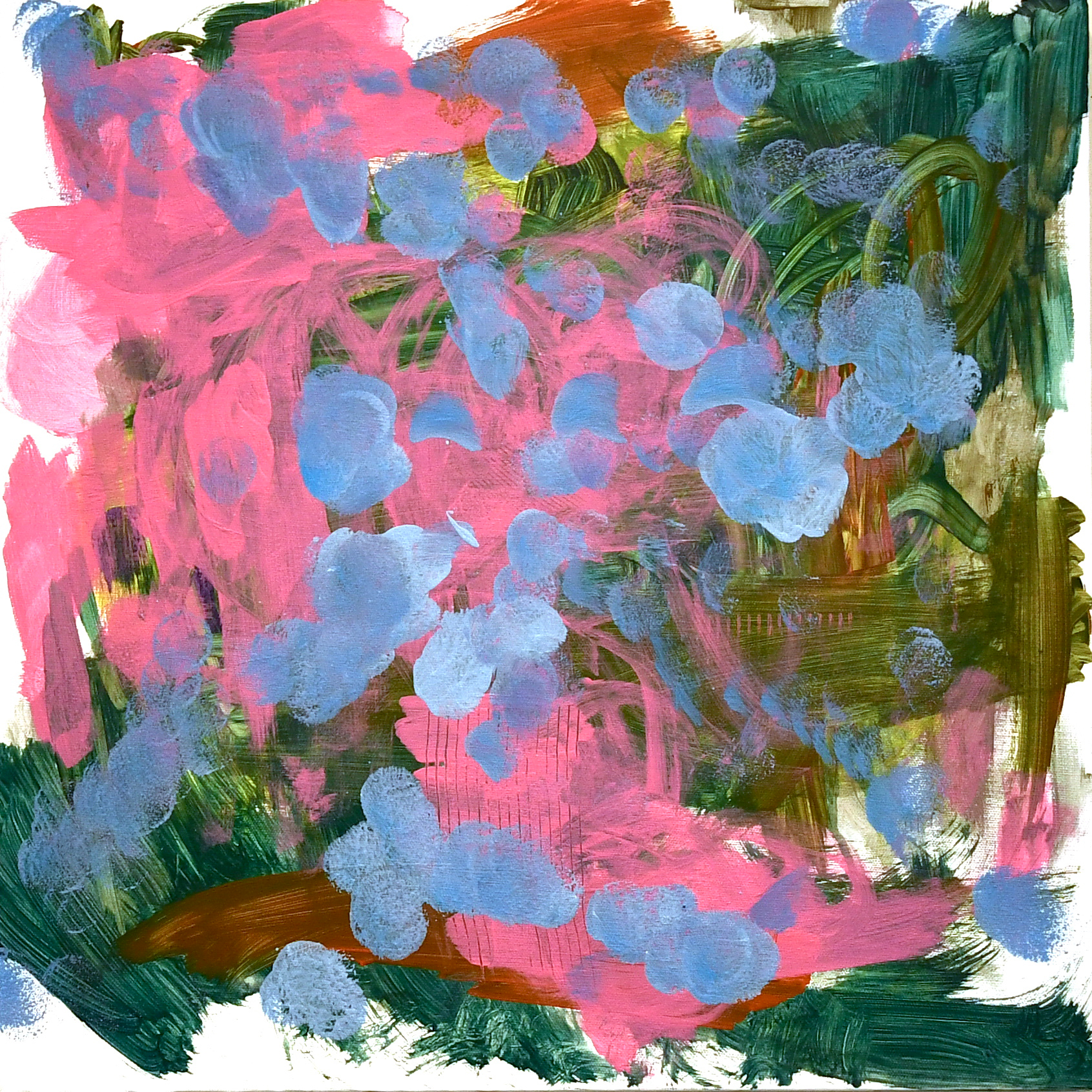 Image description: Abstract painting with bright pink, shades of green, and ocean blue dots