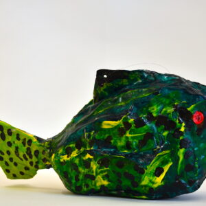A paper mache fish that is a mixture of green and turquoise. The fish has black dots and a bright green tail. It also has red eyes.