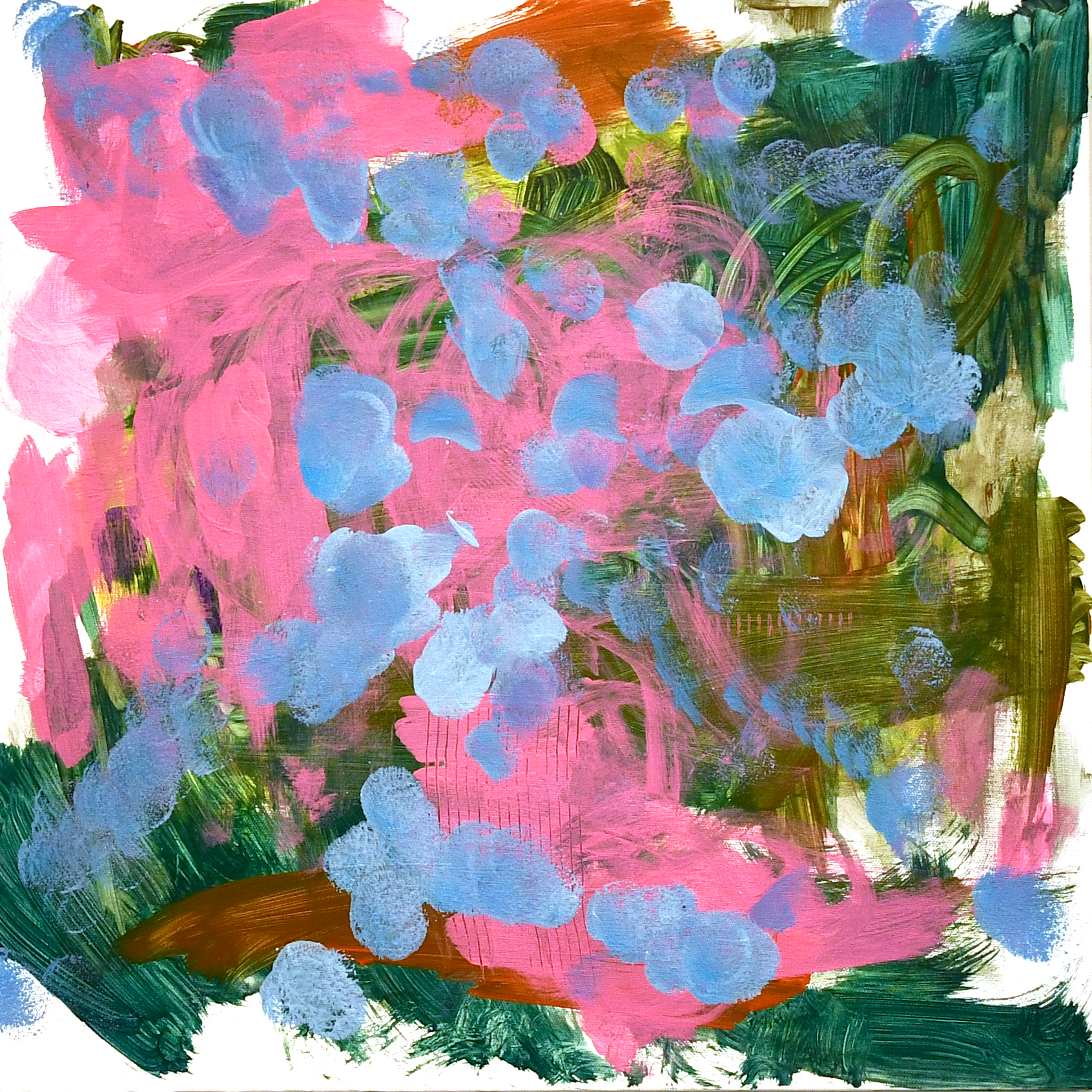 An abstract painting layered with a few different shades of green, pink, orange, and brown on top of a white background. Scattered throughout are baby blue circles.
