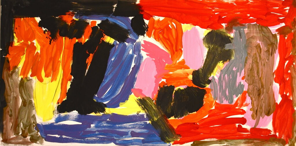 A colorful painting with red bordering the right side and brown and black bordering the left side. In the middle, there are shapes made of orange, yellow, black, brown, pink, grey, and yellow.