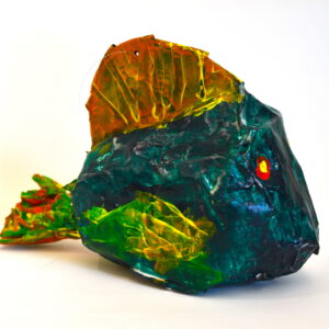 A paper mache fish that is dark blue with red and yellow eyes. The fins and tail are a mix of orange, yellow, red, and green.