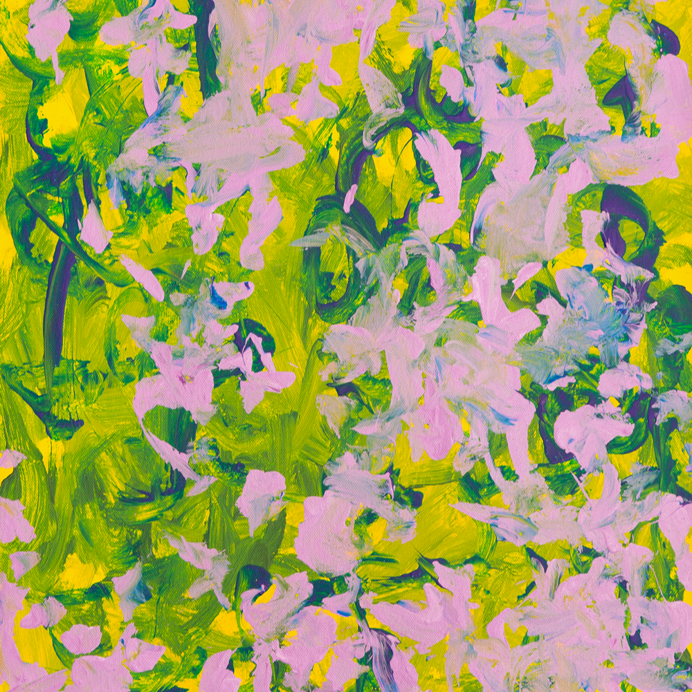 Abstract painting with pink, green, and yellow brushstrokes