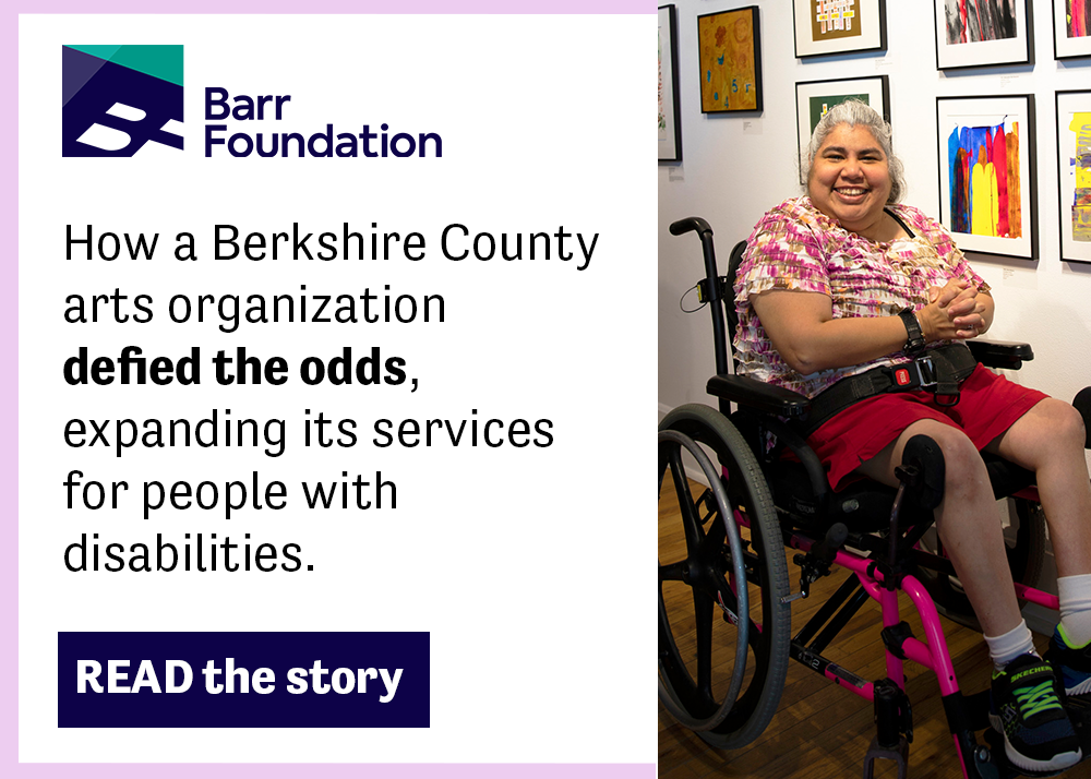 Image of a CATA artist with the Barr Foundation logo and text reading "How a Berkshire County arts organization defied the odds"