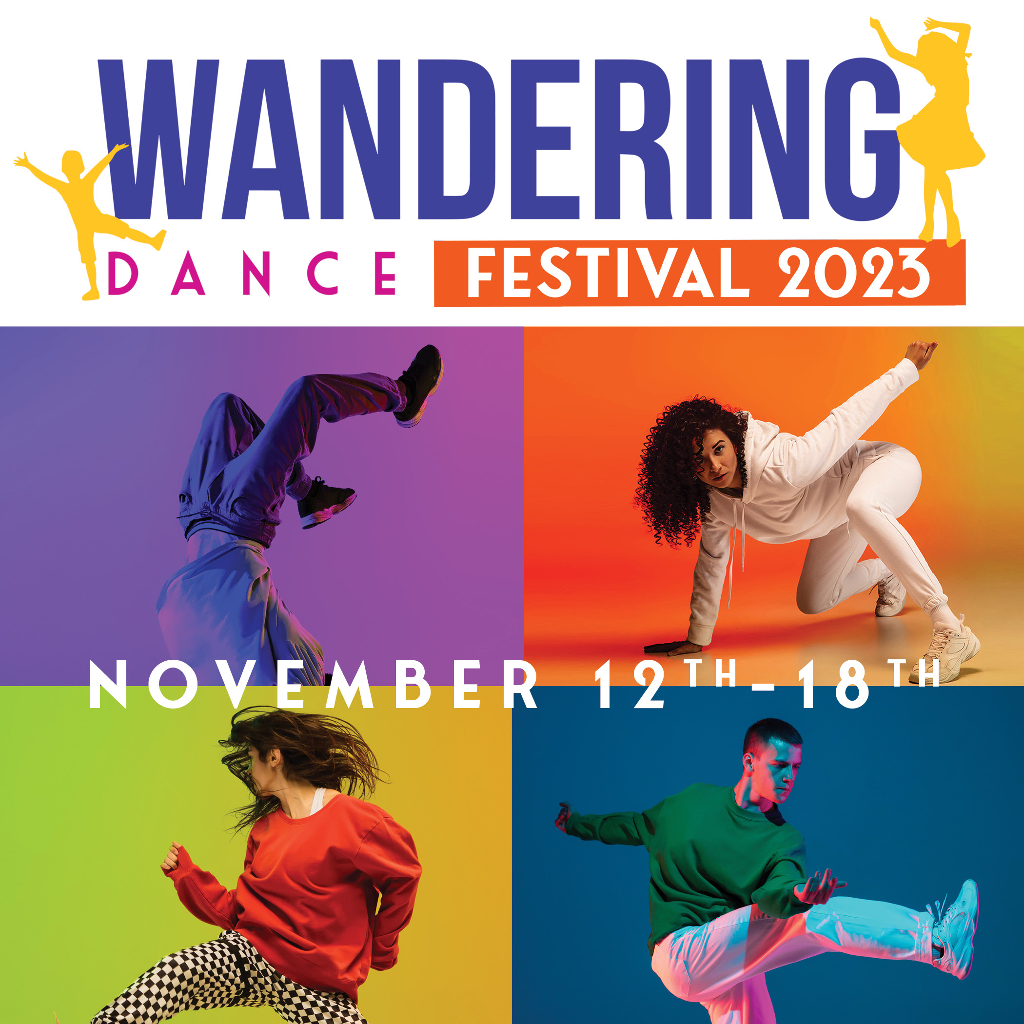 Graphic reading Wandering Dance Festival 2023 with images of dancers