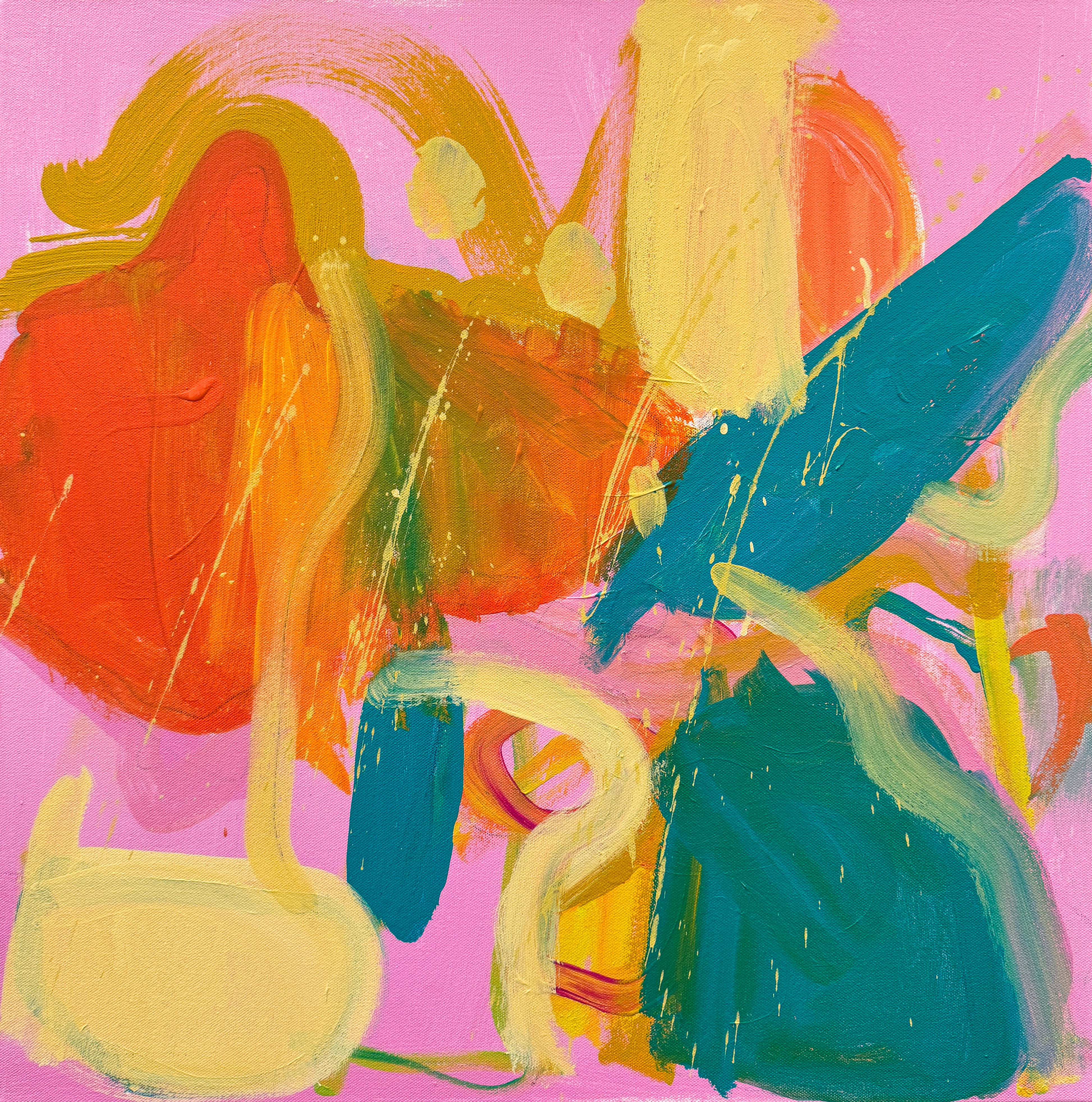 Abstract painting with colorful flower-like forms against a pink background