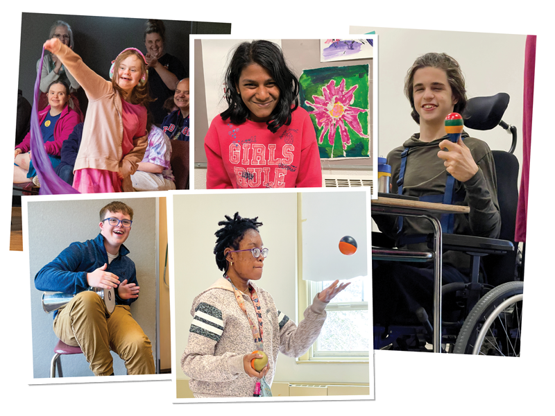 A montage of photos showing young people with disabilities dancing, playing instruments, juggling, and posing with paintings.