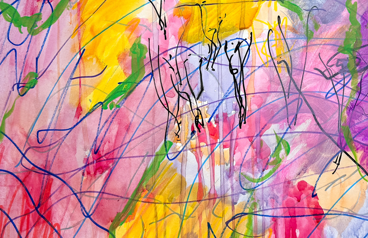 Abstract painting by Nikki Lee with watercolor strokes of yellow, pink, and blue. On top are black marker lines.