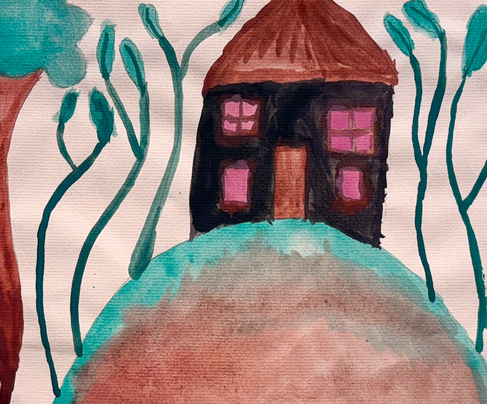 A painting by Corinne Myers of a house on a hill with tall plants growing on either side.