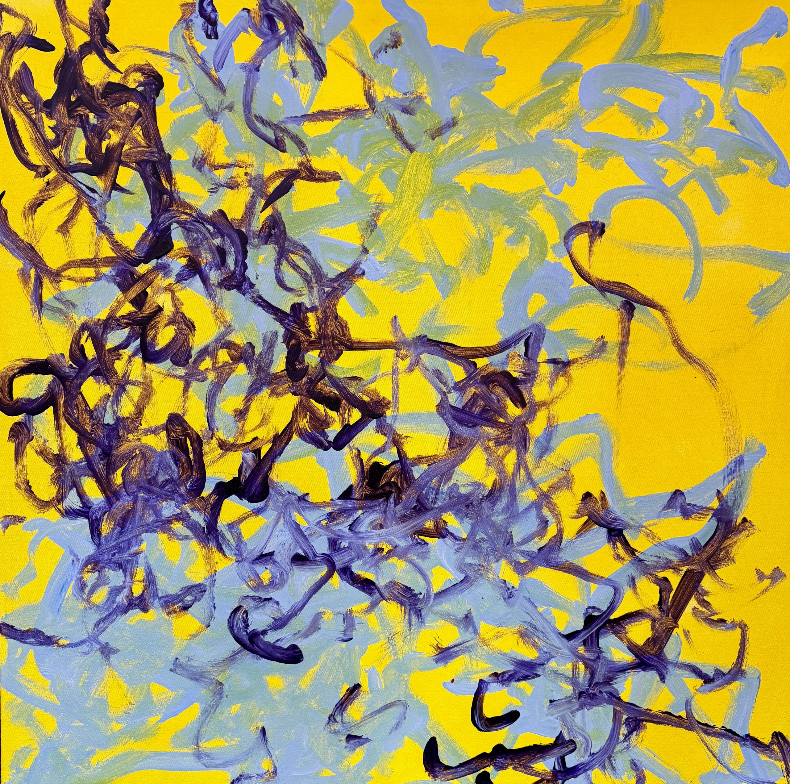 Light blue and violent swirls erupt from the bottom left corner of a bright yellow background.