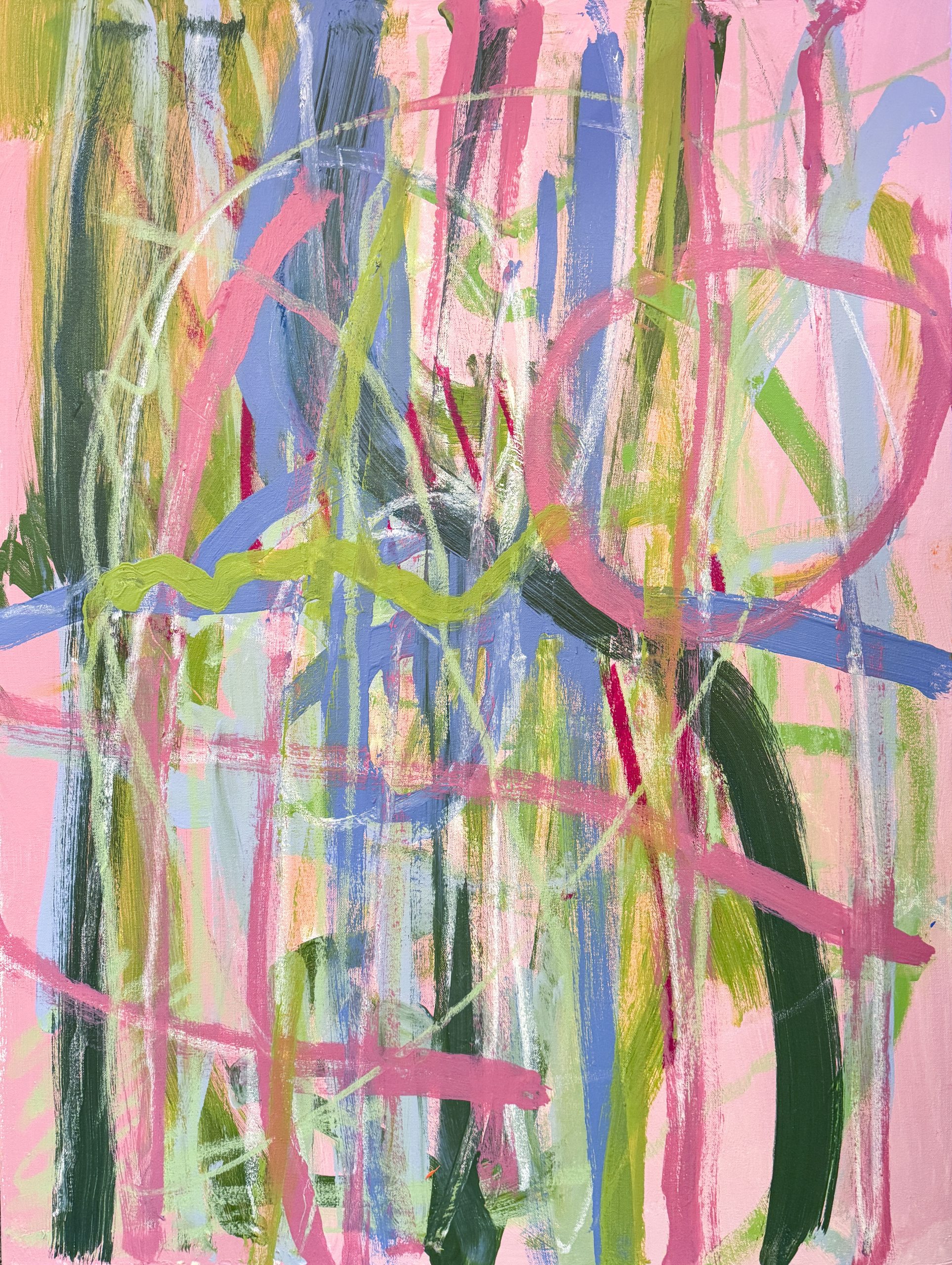 Pink, green, and blue lines intersect on a pink background.