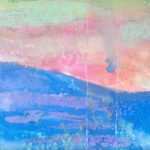 A watercolor painting of a blue ocean and pink sky with swirls of light green.