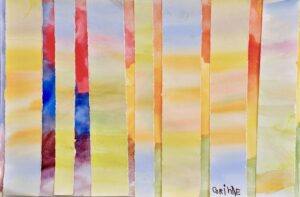 Image: An abstract painting with layered, painted paper in pastel colors over a vibrant background