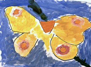 Image description: Painting of a yellow butterfly with orange and pink spots on a green branch with a blue background