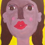 A painting of a woman wearing a pink shirt and makeup, on a yellow background.