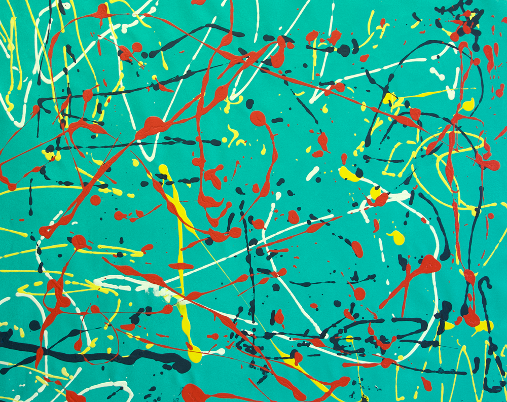 Abstract painting by Pat Butler with turquoise background and black, red, and yellow paint drips.