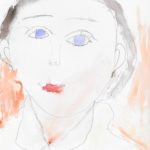 A watercolor portrait of a woman with blue eyes, a white shirt, and lipstick against an orange background.