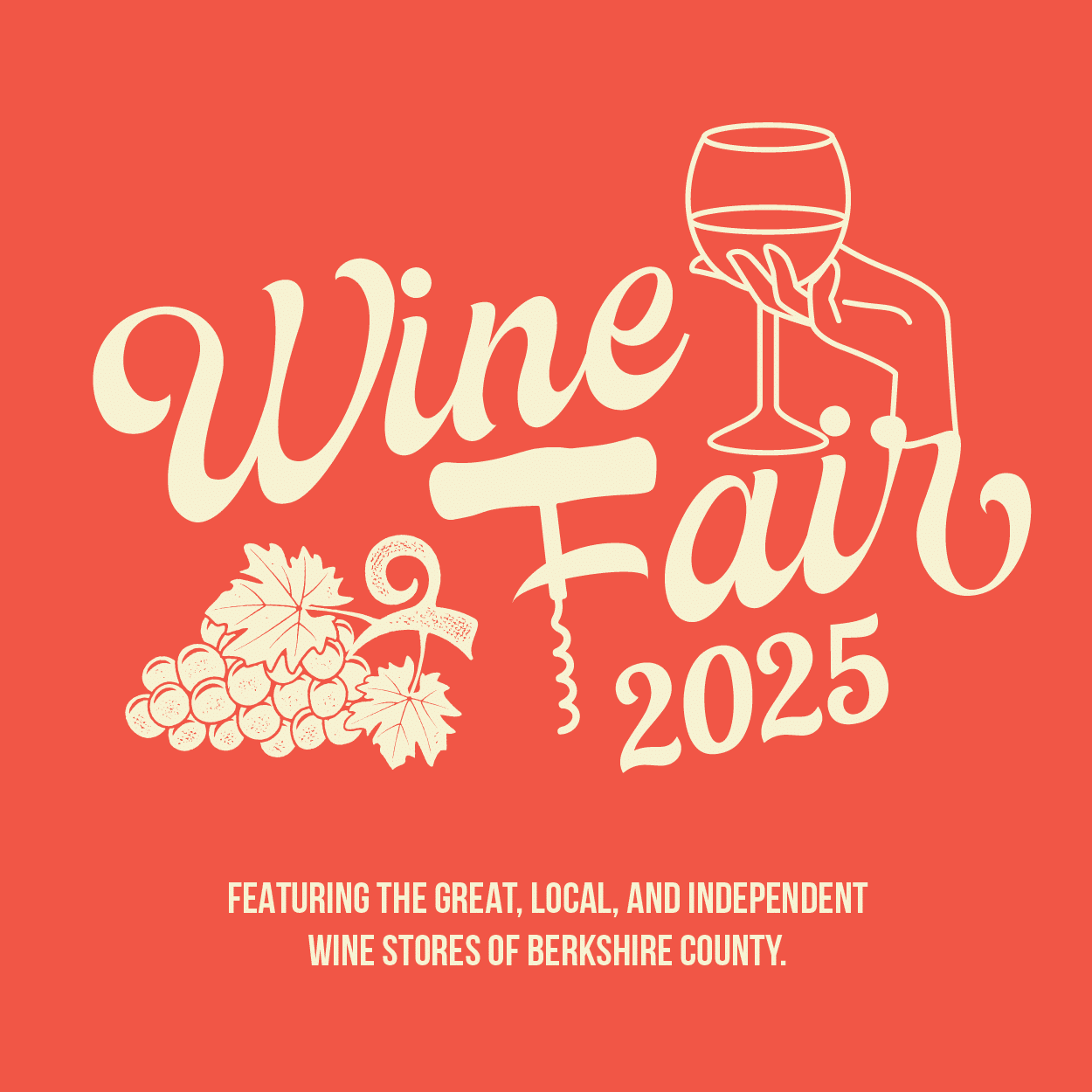 Orange graphic with script that reads "Wine Fair 2025, Featuring the great, local, and independent wine stores of Berkshire County"
