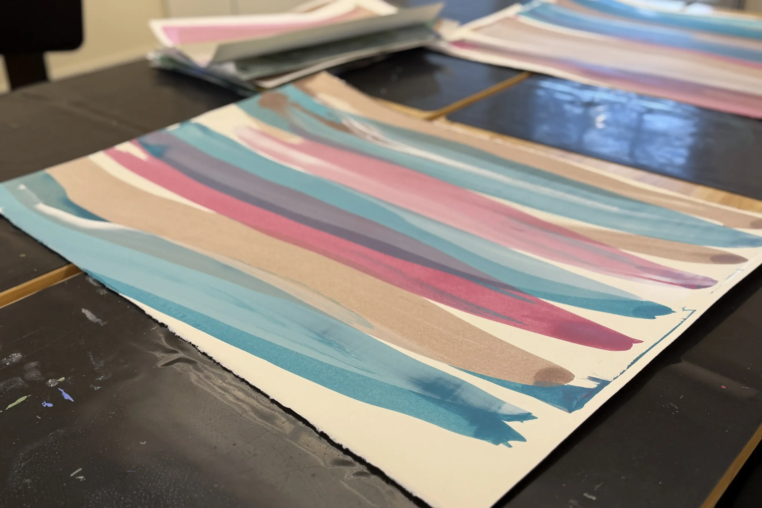 A gentle blue and red canvas in progress.